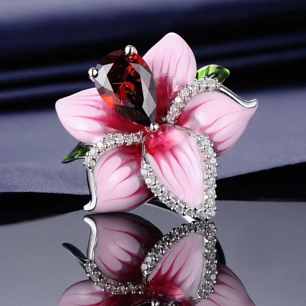 Jewelry ring large flower 925 sterling silver pink shiny sparkly elegant fashion